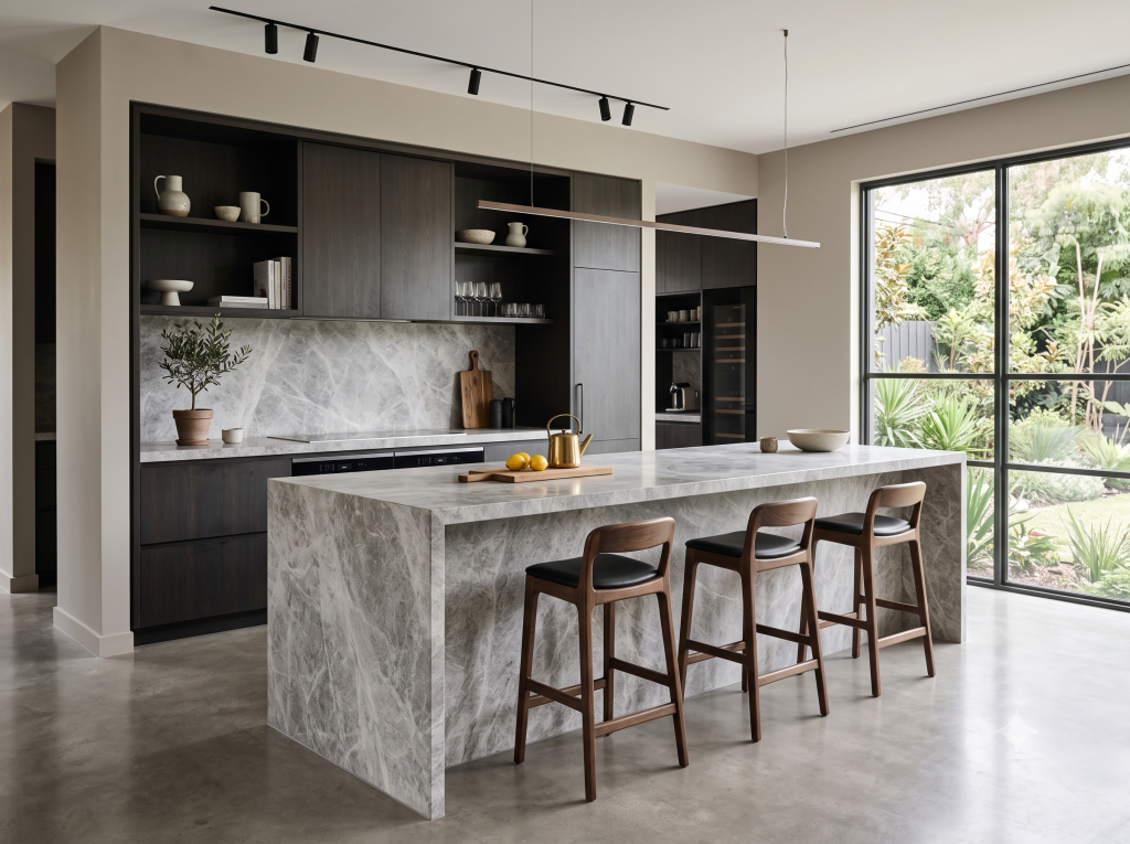 Contemporary kitchen with Imperial Grey marble island